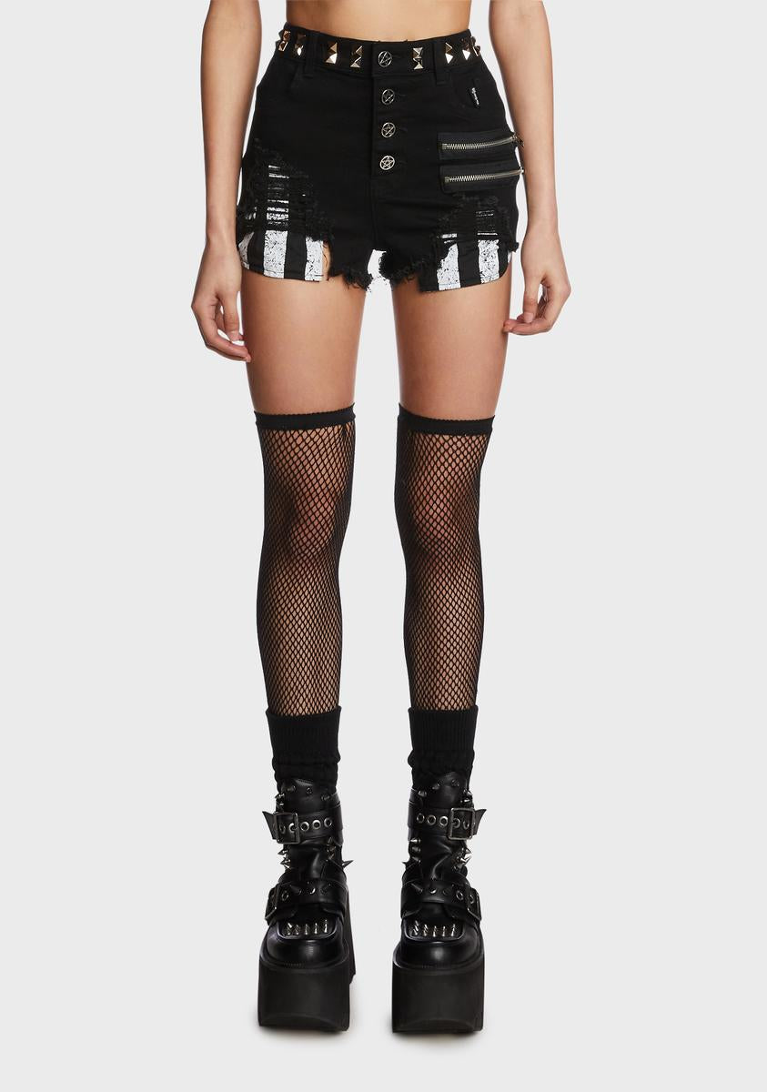 The Grave Girls Stud Stripe Pocket Flap Shorts - Black