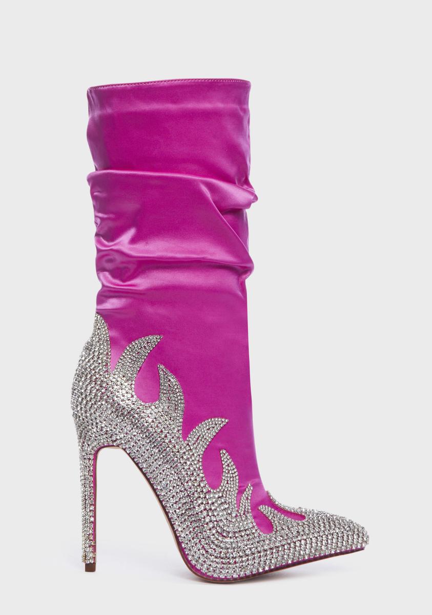 AZALEA WANG Satin Flame Rhinestone Stiletto Boots - Pink – Dolls Kill