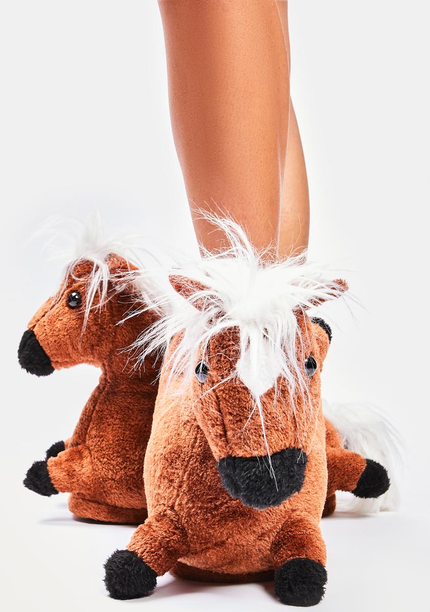 Delia's Plush Horse Slippers Brown – Dolls Kill - Main Image