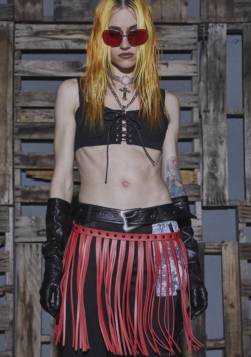 Vegan Leather Fringe Belt With Round Studs - Red – Dolls Kill display picture 1