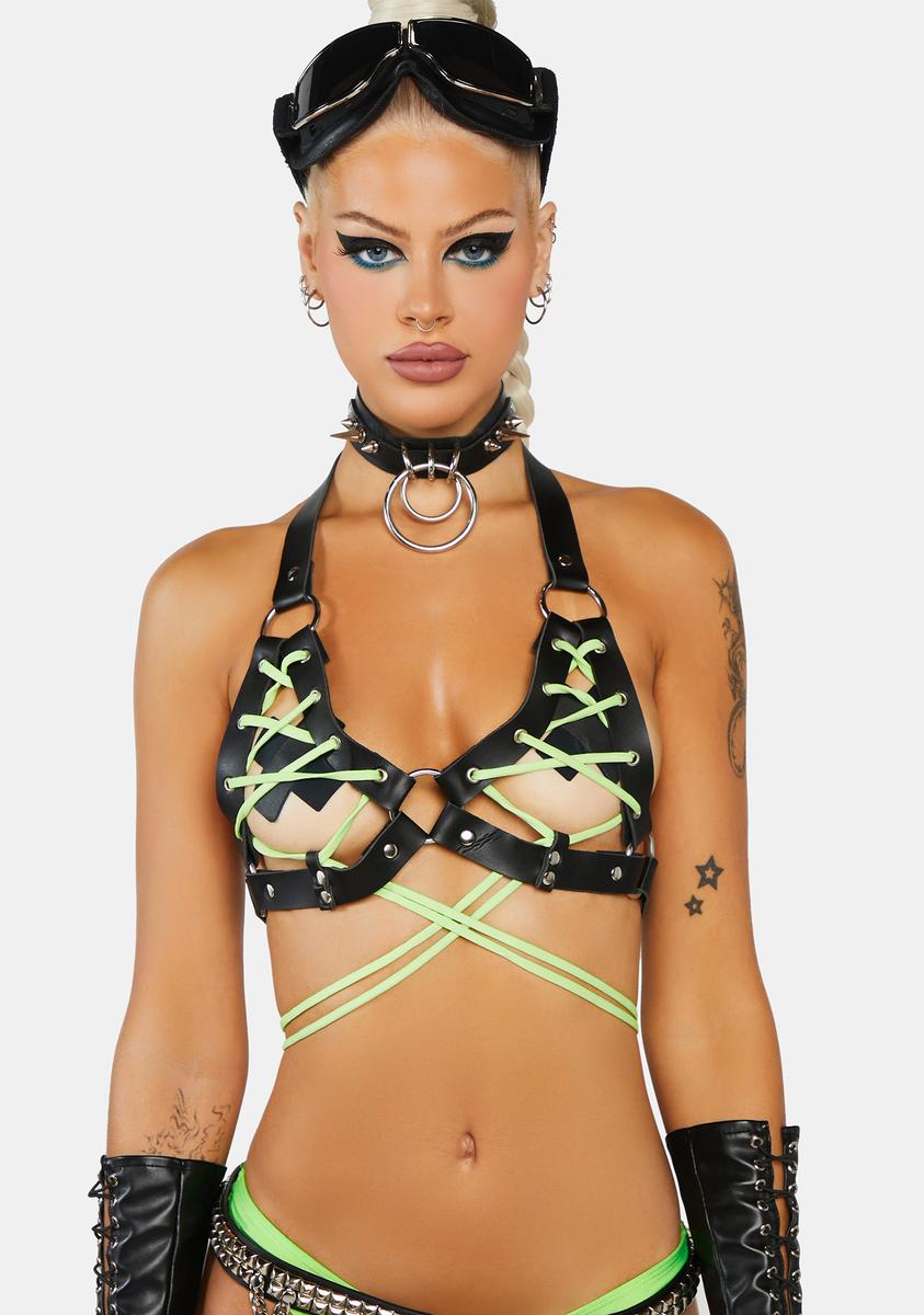 Black & Neon Green Faux Leather Lace-Up Bra Top Daisy Corsets,All Products : American Fashion Style Bags On Sale