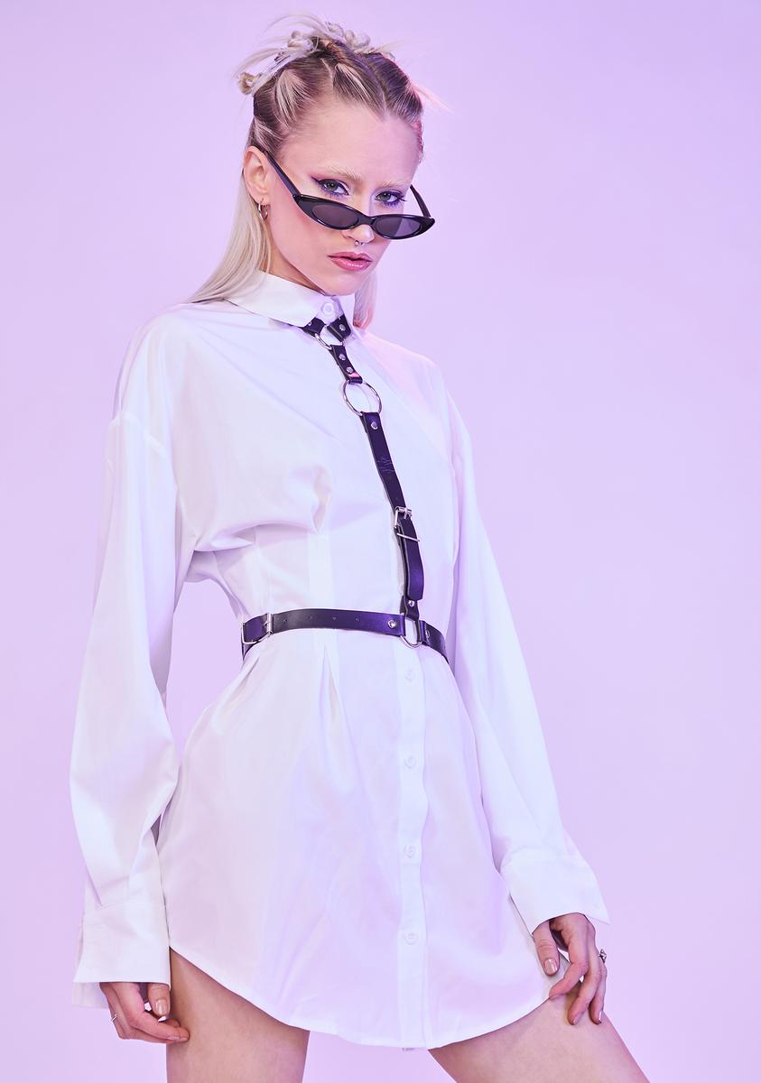 Long Sleeve Collared Fitted Waist Shirt Dress - White Dolls Kill Long Sleeve Collared Fitted Waist Shirt Dress - White Dolls Kill
