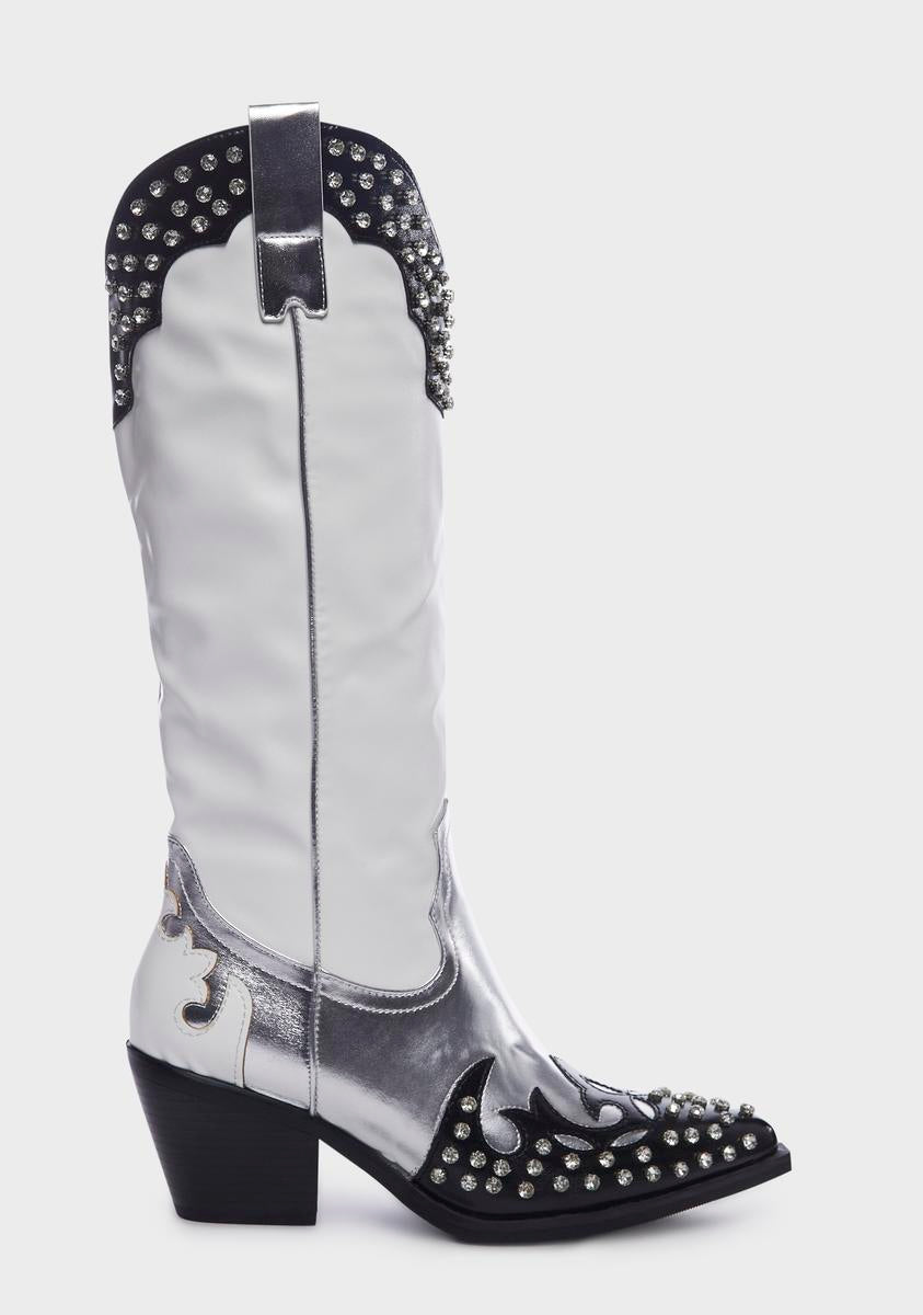 White Knox Metallic Western Boots AZALEA WANG,New Products : American Fashion Style Bags On Sale