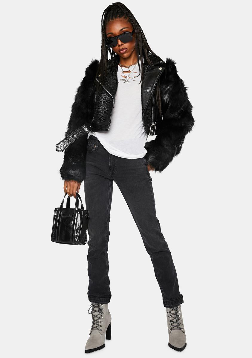 AZALEA WANG Nolla Faux Fur Croc Moto Jacket – Dolls Kill