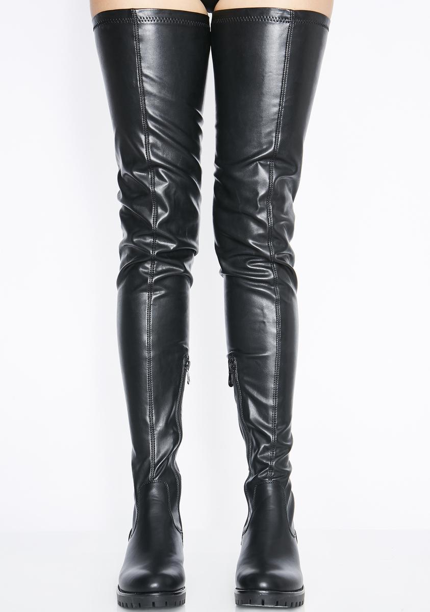 AZALEA WANG Thigh High Vegan Leather Boots Black Dolls Kill