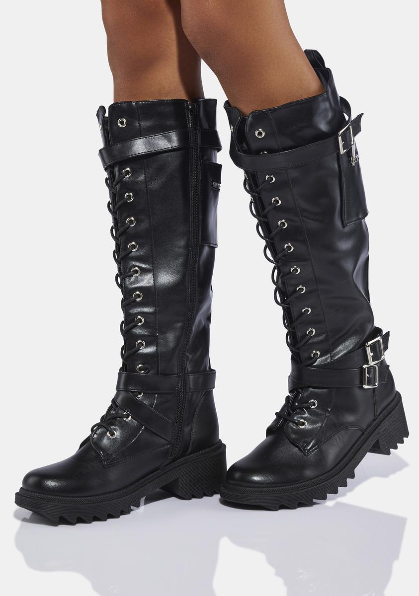 Knee High Vegan Leather Buckle Combat Boots Black – Dolls Kill
