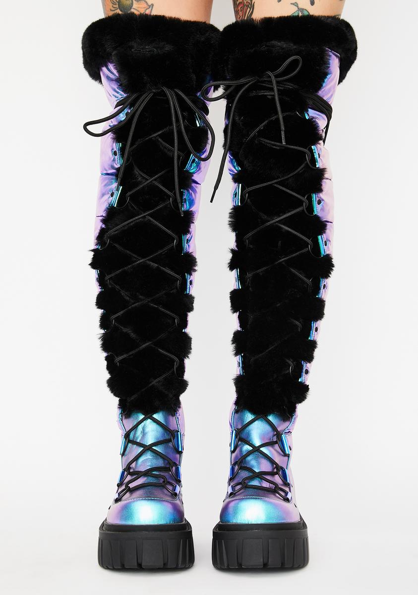 Club Exx Metallic Puffer Thigh High Faux Fur Boots – Dolls Kill