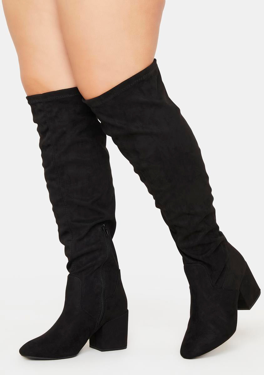 Faux Suede Knee High Lace Up Back Wide Calf Boots - Black – Dolls Kill