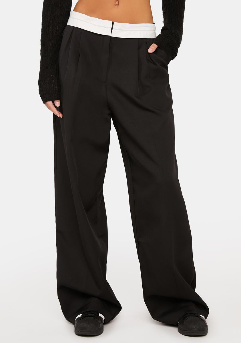 Lioness Wide Leg Suit Pants With Contrast Waistband - Onyx – Dolls Kill