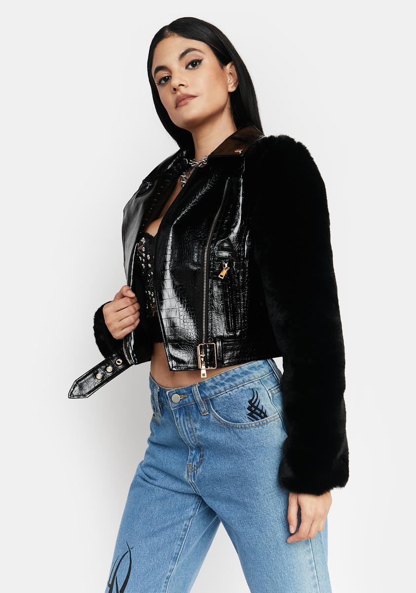 Vegan Leather Faux Fur Sleeve Jacket Black Dolls Kill