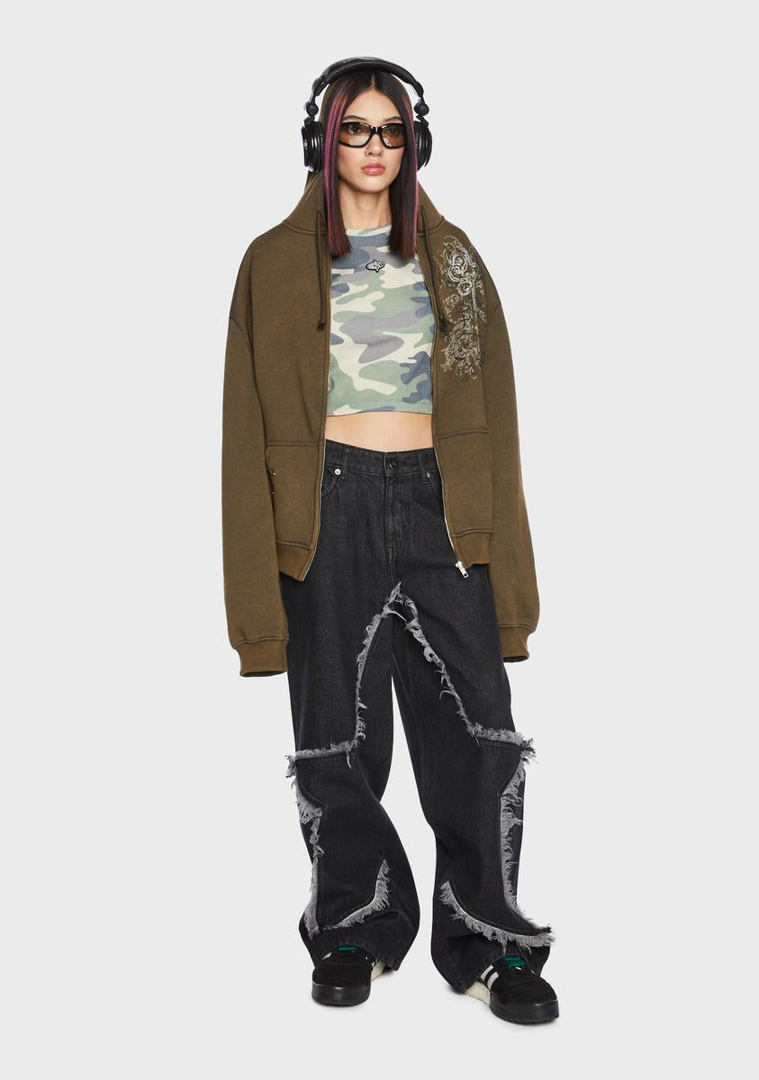 Basic Pleasure Mode Denim Frayed Star Low Rise Jeans - Dark