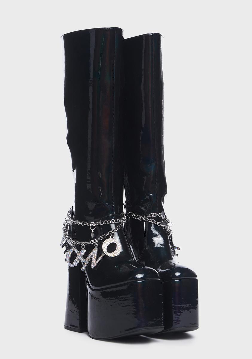 Club Exx Techno Charm Platform Go Go Boots - Black Holographic