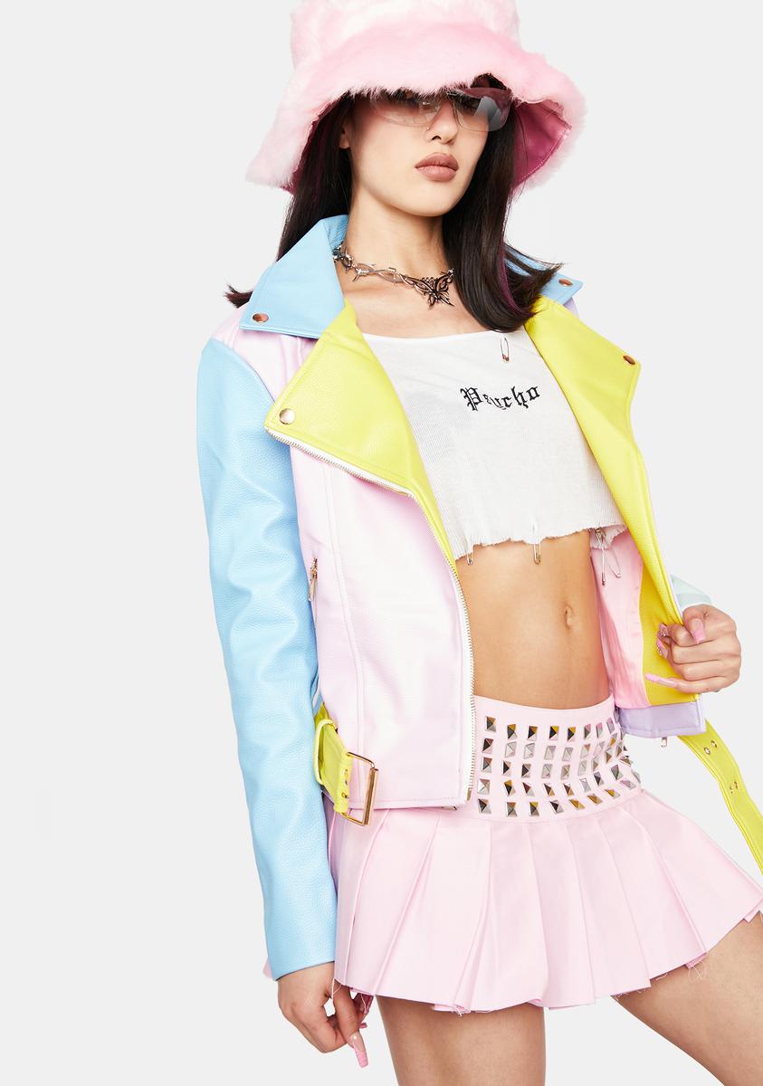 Azalea Wang Pastel Color Block Vegan Leather Moto Jacket