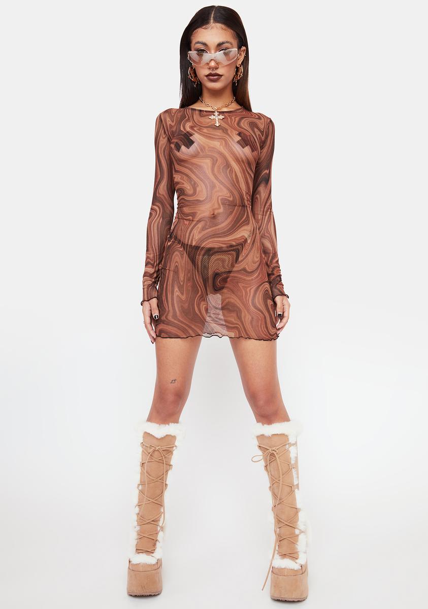 brown marble mesh dress Trendy Silhouette Marble Mesh Midi Dress