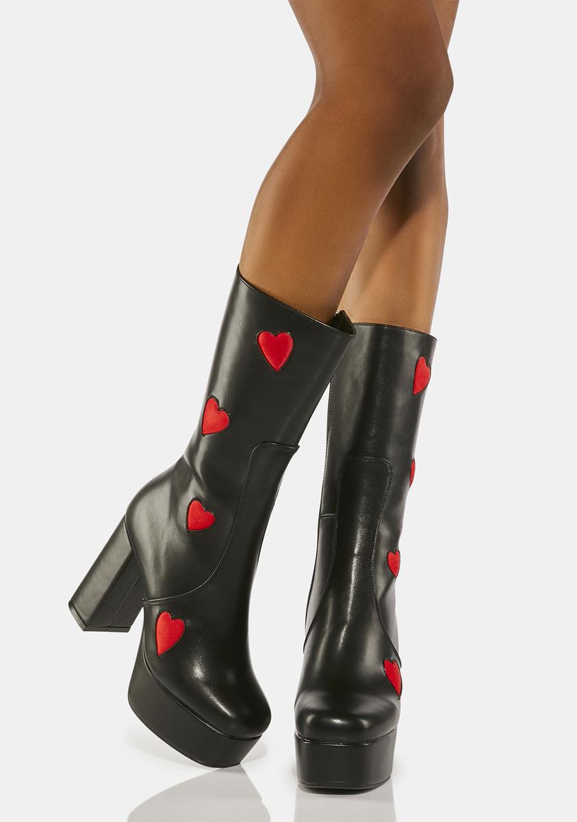 Lamoda Mid Calf Rise Vegan Leather Heart Platform Boots Black