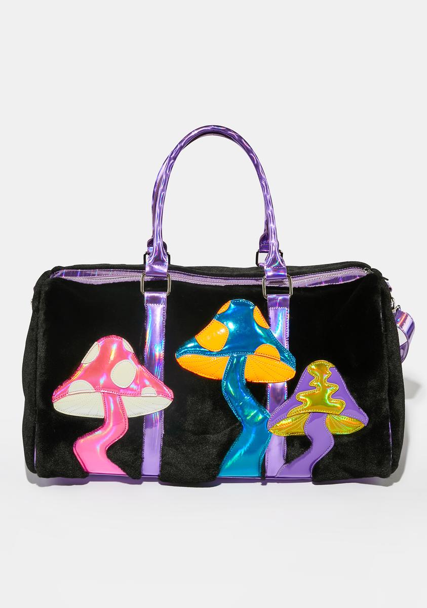 Dolls Kill Vibrant Pink and Green Mushroom Bag - Raver Girl Y2K Current Mood Holographic Mushroom Faux Fur Weekender Bag  main image 4