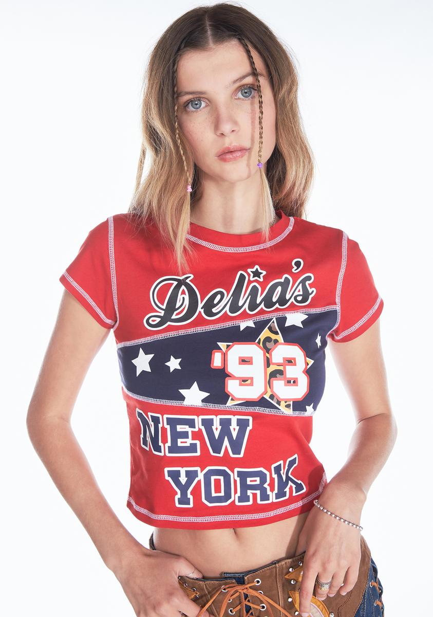 Delia's Graphic New York White Stitching Crop Tee - Red – Dolls Kill