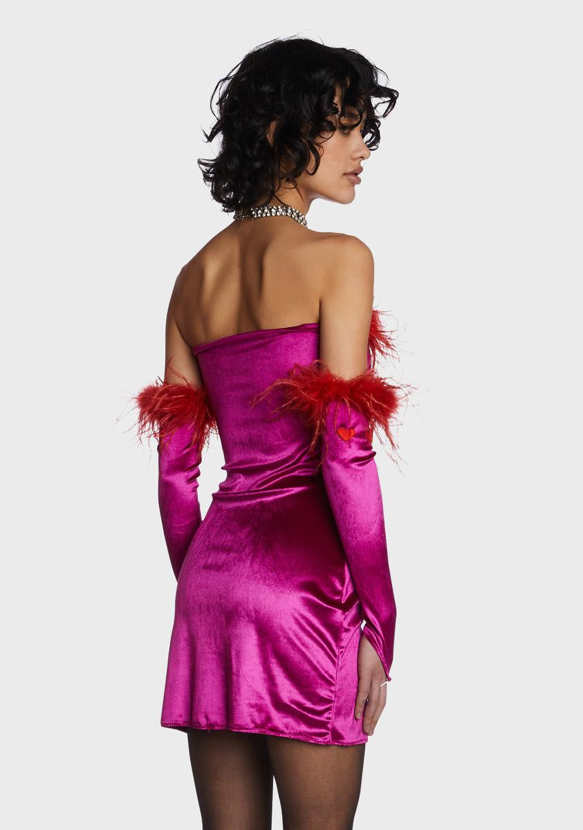 pink mini dress with gloves Velour Fur Dress With Gloves