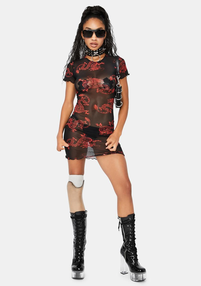 Mesh Dragon Print Bodycon Mini Dress