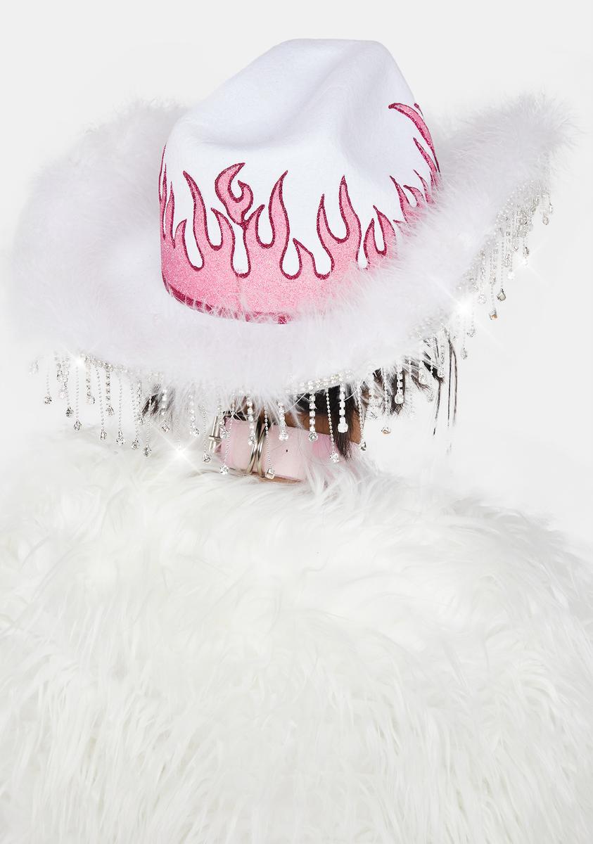 Flame Faux Fur Rhinestone Fringe Cowboy Hat White – Dolls Kill