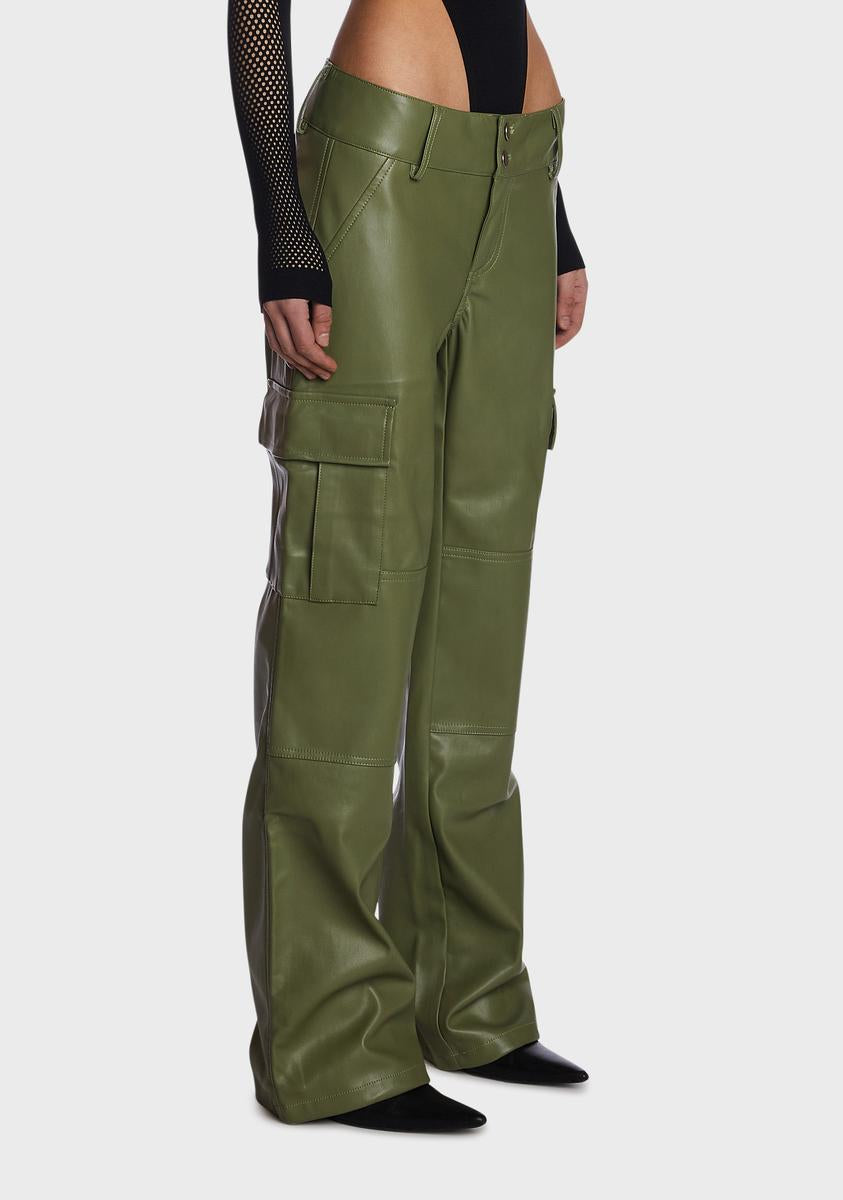 【Popoページ】 THE KRIPT Low Waist Vegan Leather Cargo Pants - Dark Green