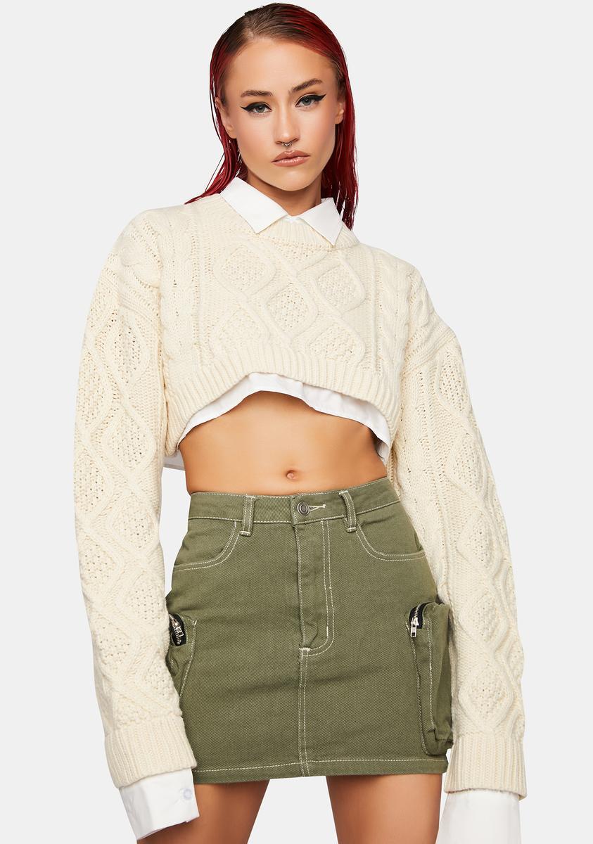 Lioness Faux Shirt Layered Crop Sweater - Cream – Dolls Kill