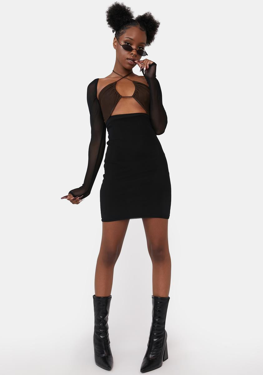 mesh cap sleeve cut out mini dress in black Motel Mesh long Sleeve Cutout Bust Halter Mini Dress – Dolls Kill