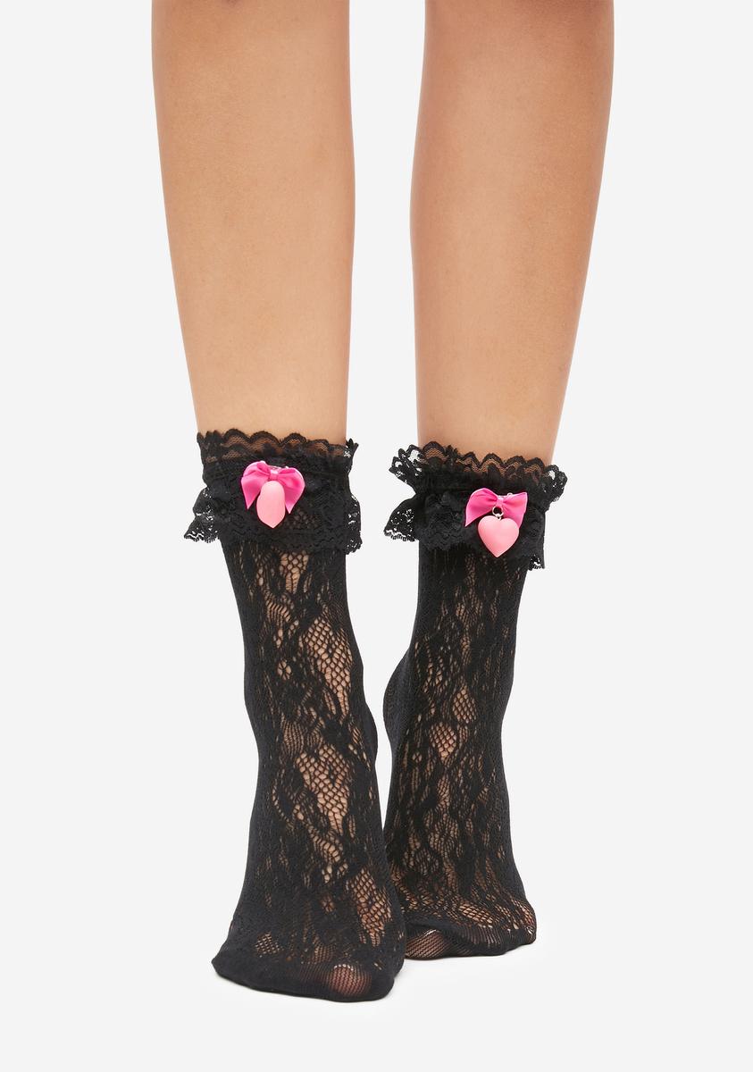 Ruffle Lace Ankle Socks With Satin Bow & Heart Charms – Dolls Kill