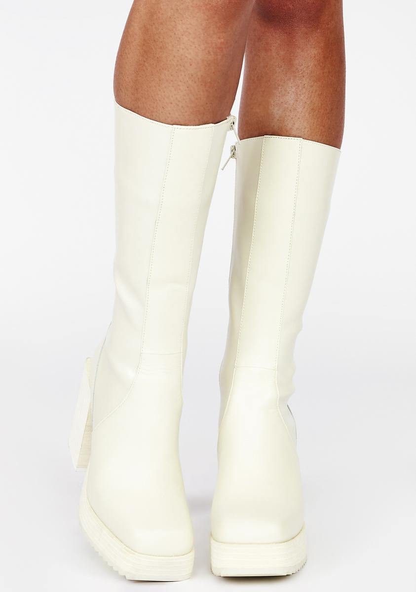 Darker Wavs Leather Square Toe Block Heel Platform Boots - Off White