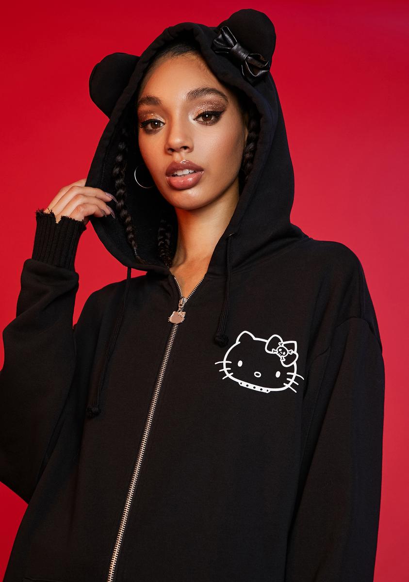 Dolls Kill Hello Kitty Cat Ear Oversized Duster Hoodie Black