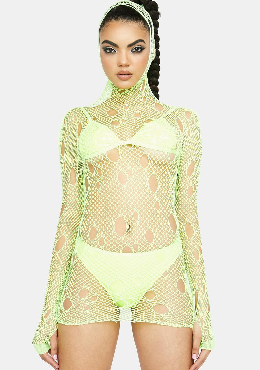 Fishnet Cutout Turtleneck Long Sleeve Lingerie Mini Dress - Neon Green – Dolls K