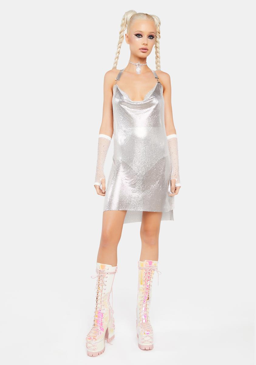 Chainmail Cowl Neck Open Back Mini Dress