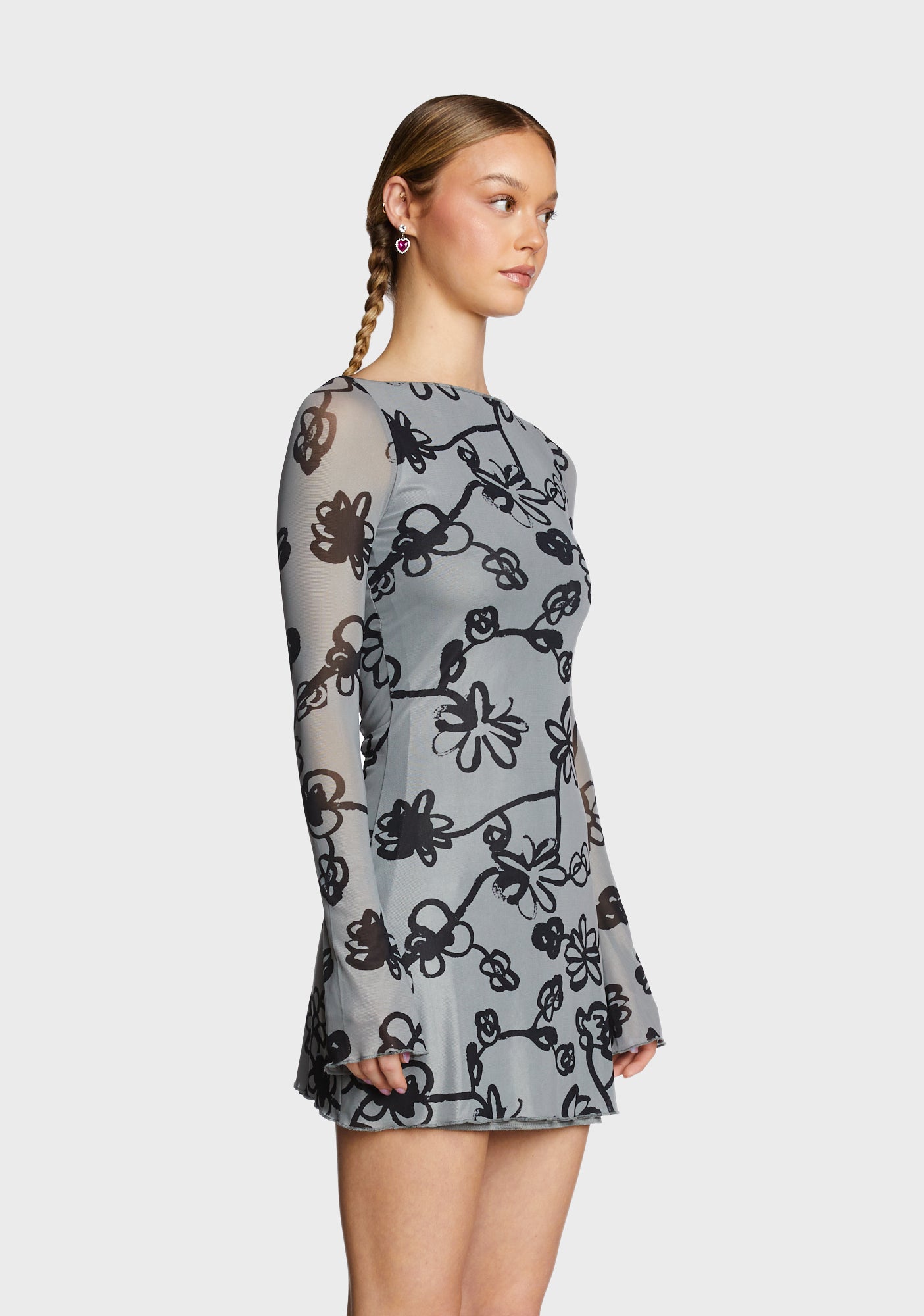 Motel Mini Dress - Mesh Doodle Flower Grey  Dolls Kill