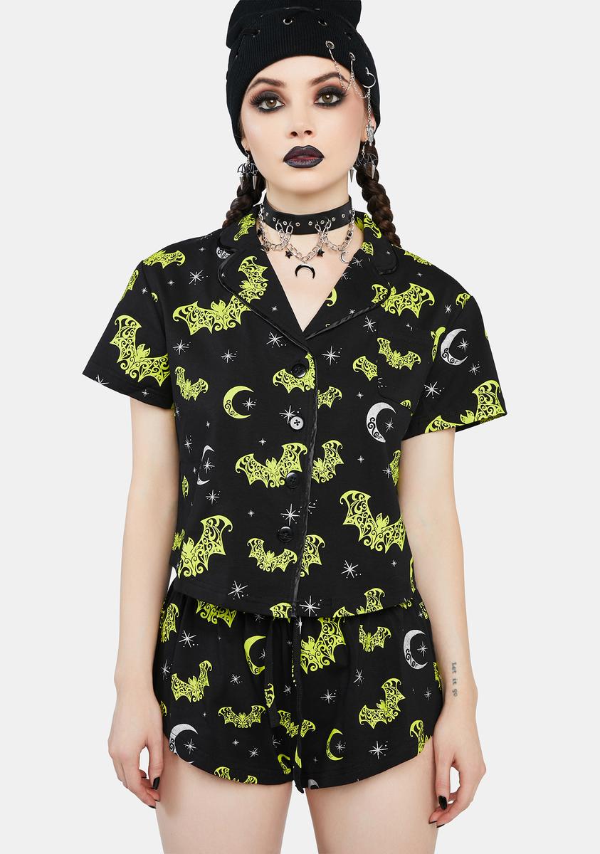 The Grave Girls Bat Moon Print Pajama Set - Black – Dolls Kill