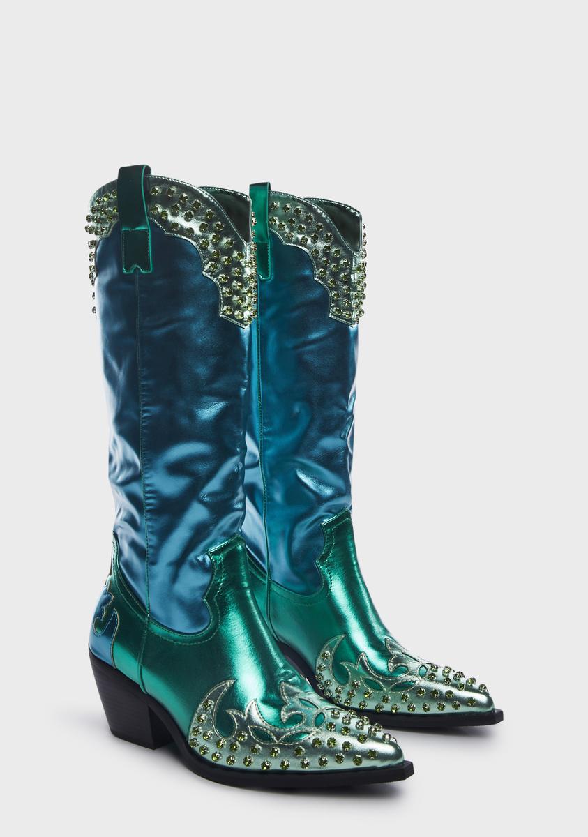AZALEA WANG Metallic Rhinestone Cowboy Boots - Blue – Dolls Kill