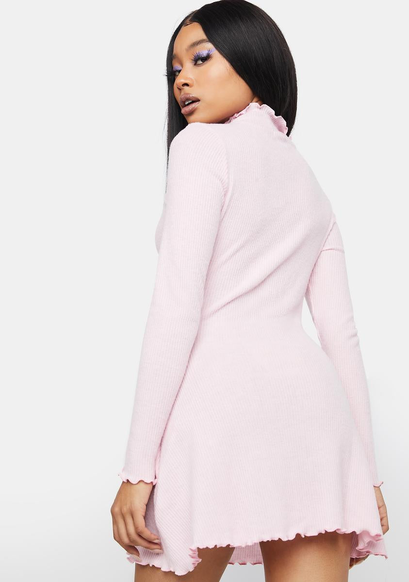 Long Sleeve A Line Lettuce Trim Keyhole Mock Neck Mini Dress - Light Pink   Dolls Kill