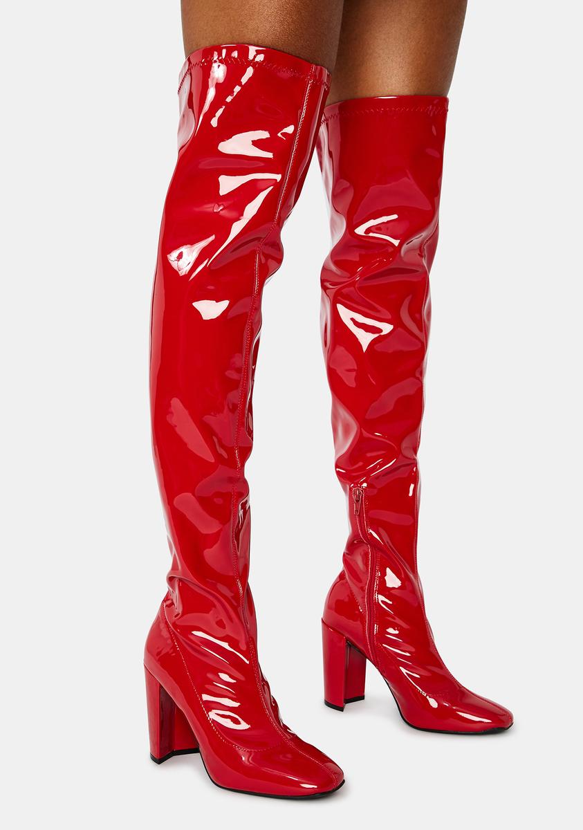 Patent Faux Leather Thigh High Heeled Boots - Red – Dolls Kill