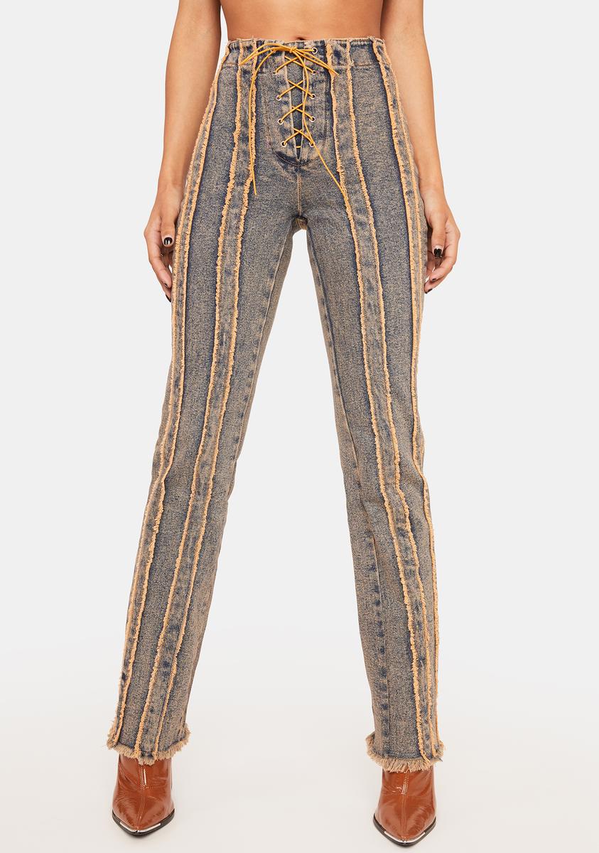 Casual Gradient Color Distressed Lace Up High Waist Loose Denim Jeans
