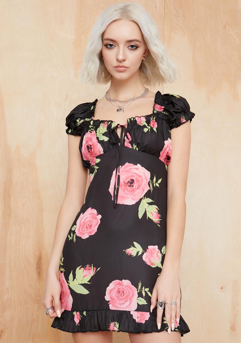 Current Mood Rose Print Mini Dress Black Pink Dolls Kill