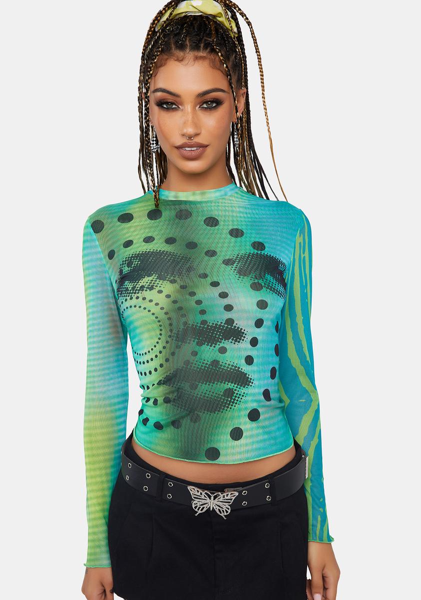 Another Girl Trippy Face Print Mesh Top - Green – Dolls Kill