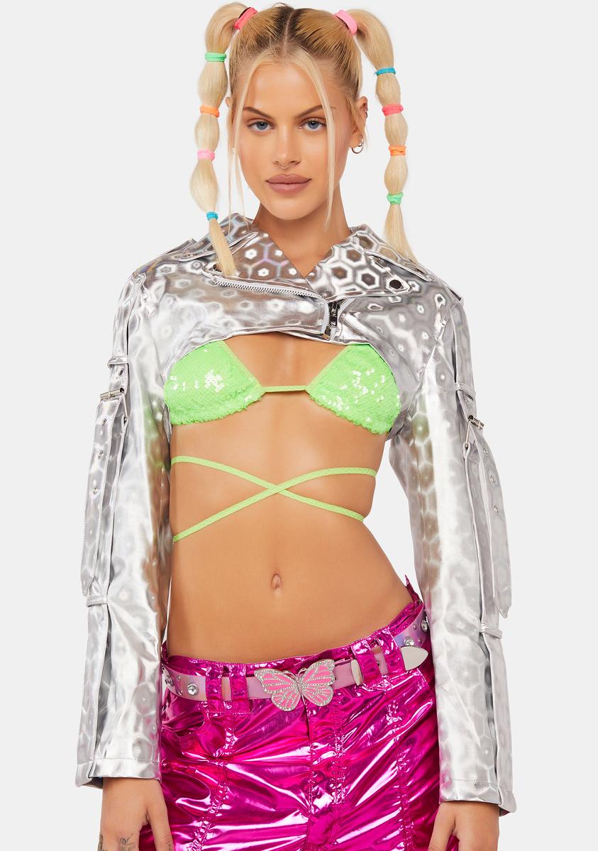 Cropped Metallic Shrug Moto Jacket - Holographic Halo Print – Dolls Kill