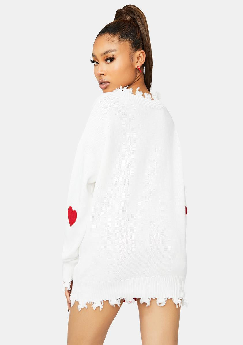 Long Sleeve Embroidered Heart Patch Detail Sweater Red Dolls Kill