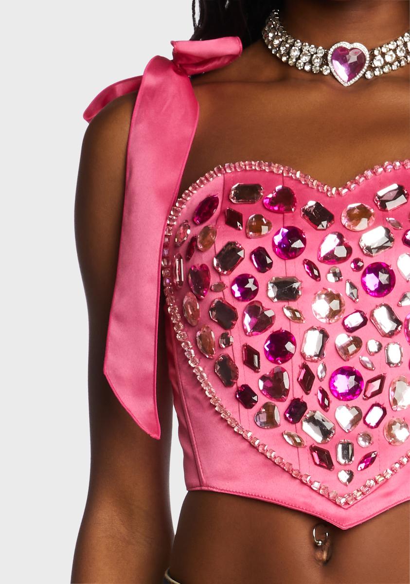 Sugar Thrillz Satin Heart Jewel Embellished Corset Top - Pink