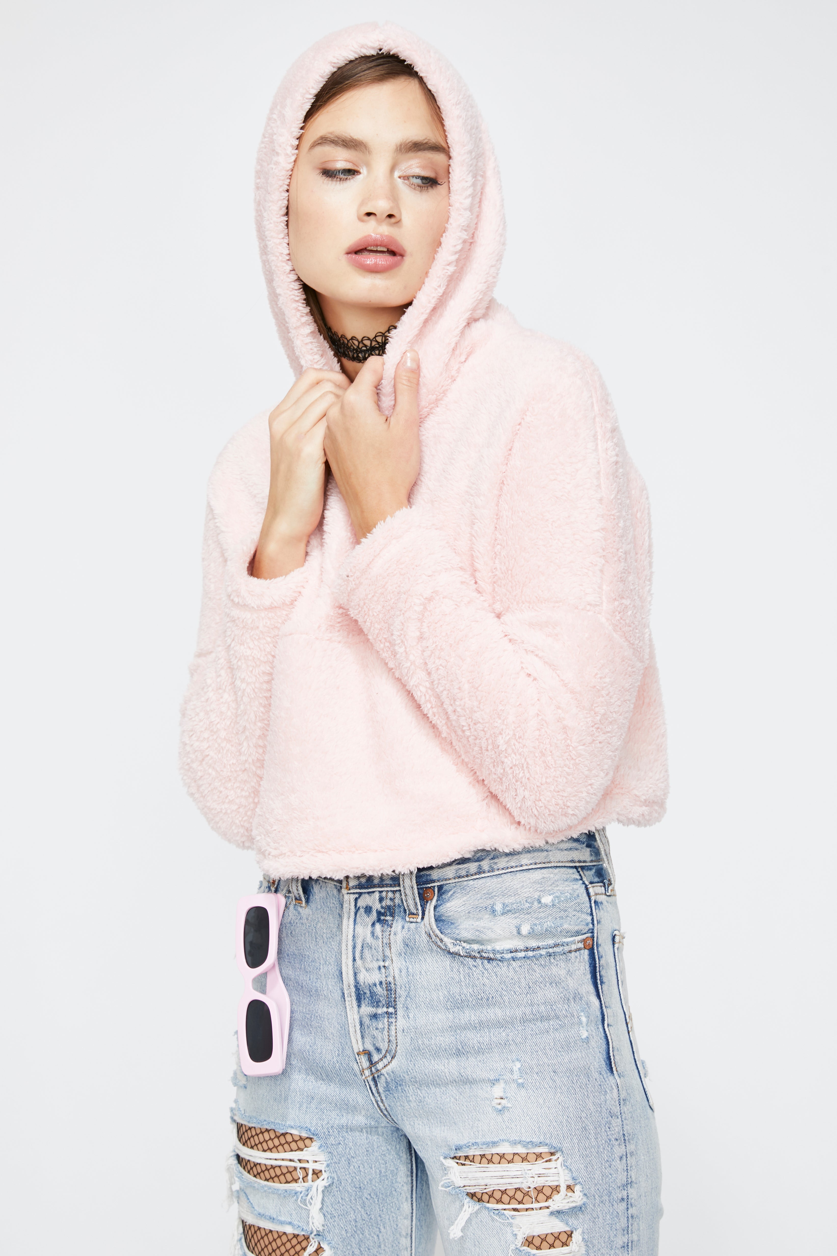 Pink Crop Teddy Hoodie – Dolls Kill