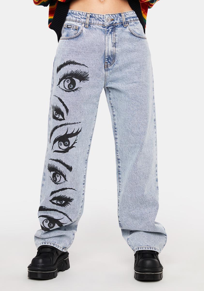 Minga Eye Print Baggy Jeans - Blue – Dolls Kill