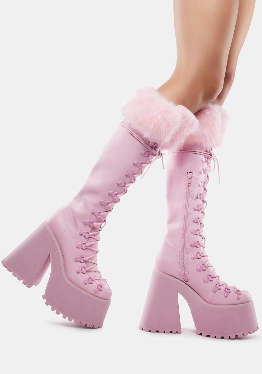 Sugar Thrillz Faux Fur Trim Knee High Platform Boots - Pink