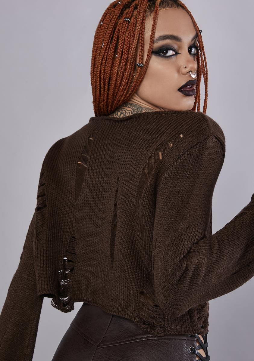 Widow Distressed Crop Sweater - Brown – Dolls Kill
