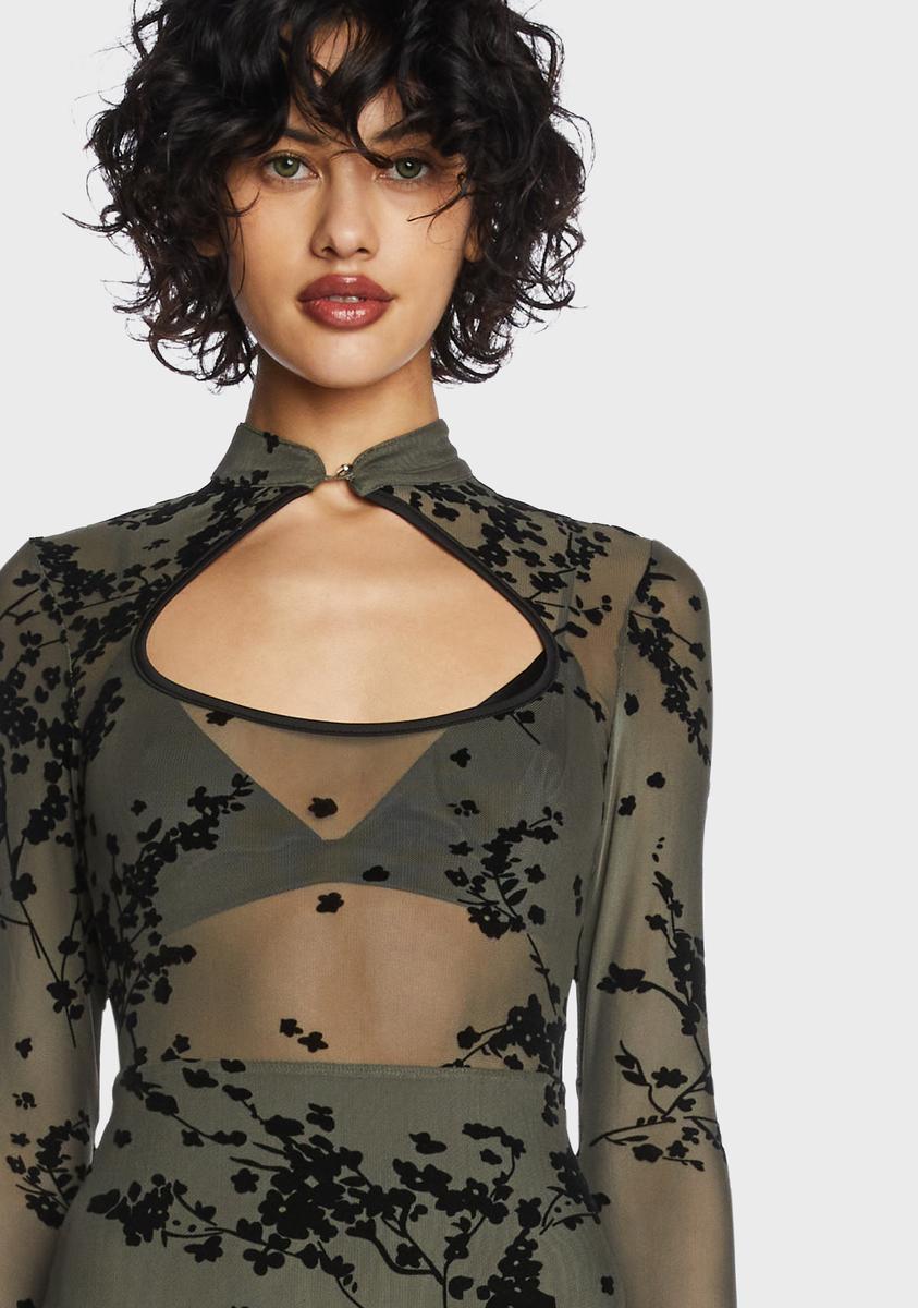 Sheer Velvet Floral Cut Out Mini Dress - Olive/Green  Dolls Kill