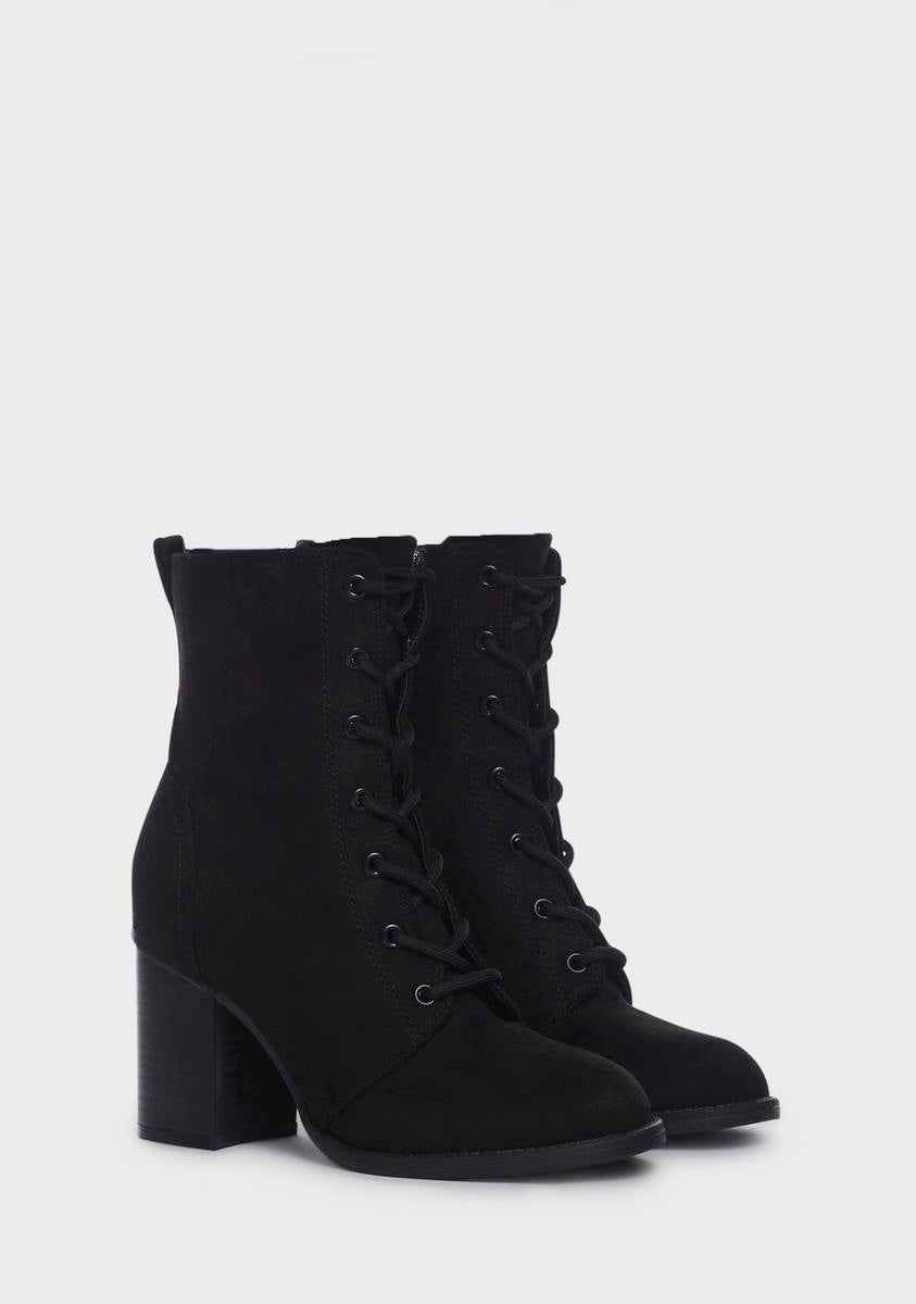 Faux Suede Lace Up Zip Ankle Boots - Black – Dolls Kill