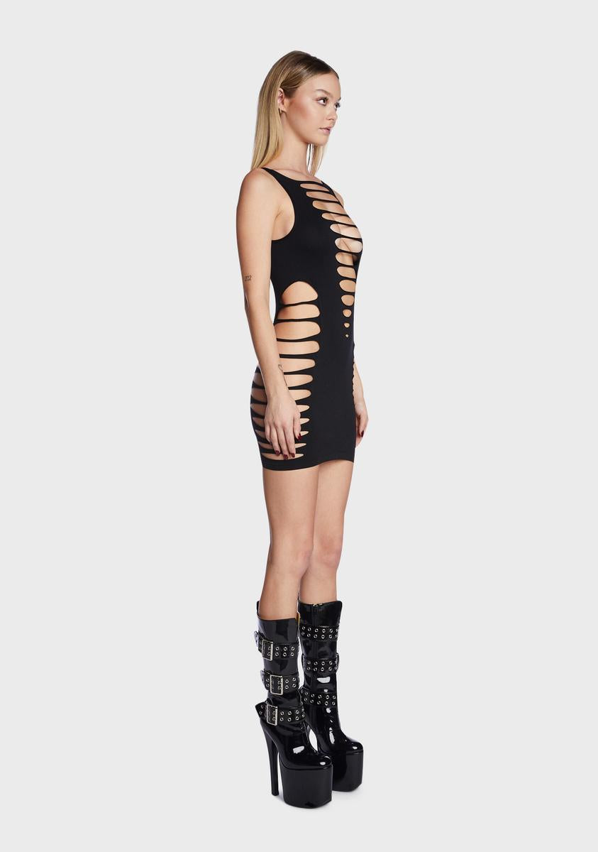 slashed mini dress Long Sleeve Tie Back Detail Side Split Mini Dress In Black Ribbed | EGO US